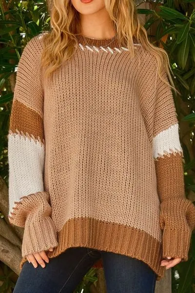 Hazel Blues® |  Color Block Round Neck Dropped Shoulder Sweater