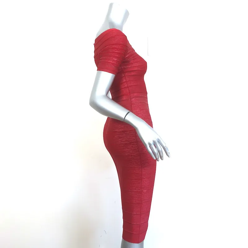 Herve Leger Carmen Off the Shoulder Bandage Dress Metallic Red Size Small