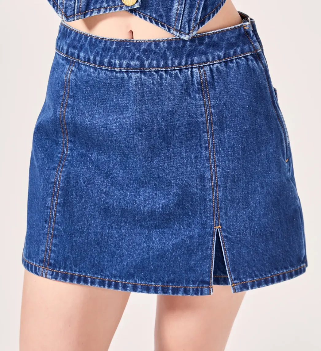 Hi Waisted Denim Mini Skort