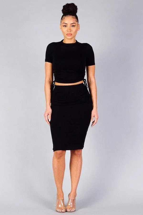 High Neck Short Sleeve Ruched Tee & High-waisted Midi Skirt Set
