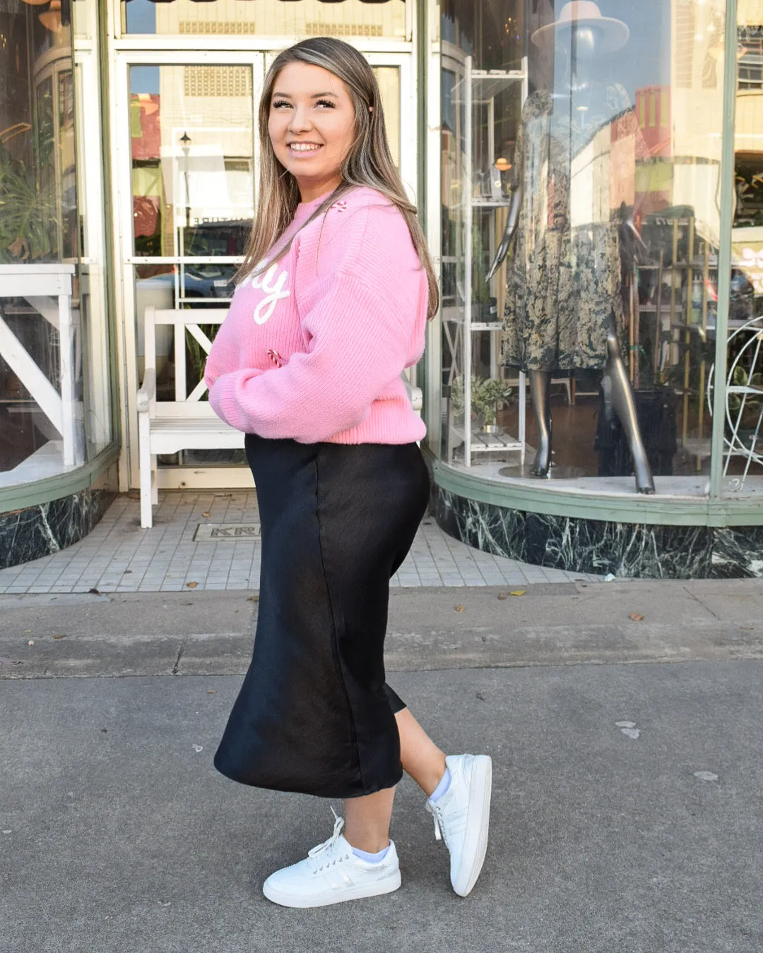 HIGH-WAISTED SATIN MIDI SKIRT - BLACK