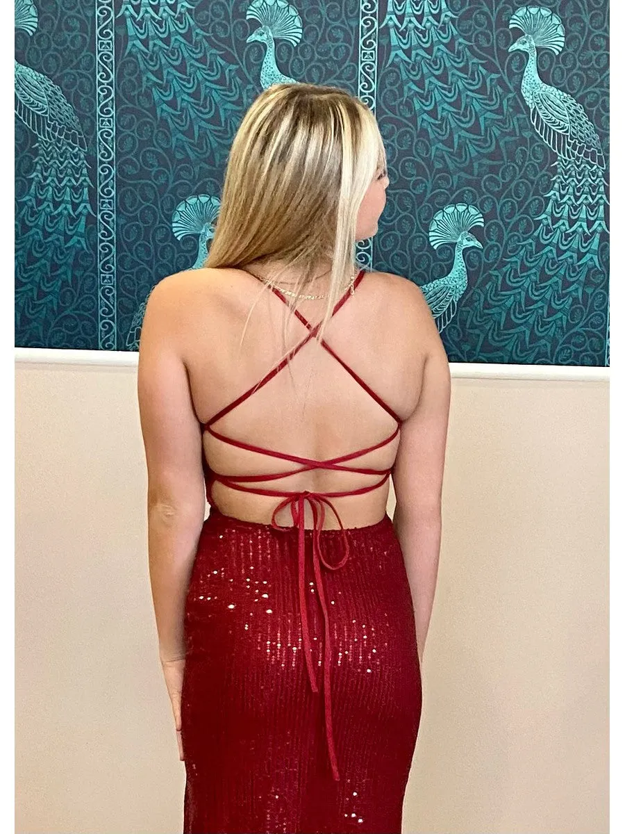 Hillary sequin ball dress with open back and split in burgundy Express NZ wide!