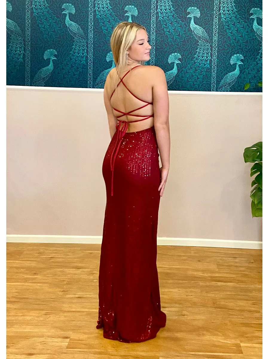 Hillary sequin ball dress with open back and split in burgundy Express NZ wide!