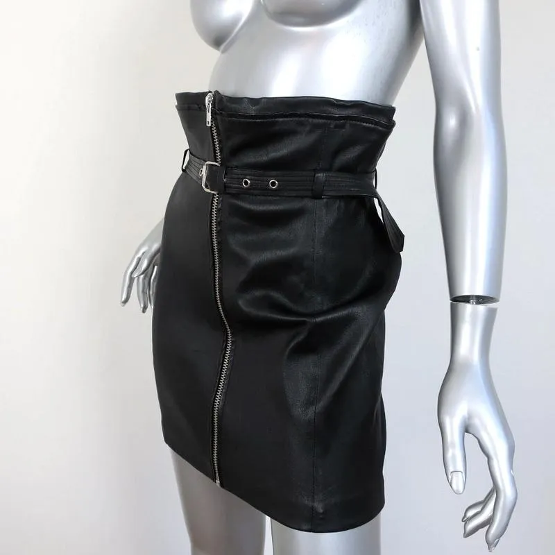 IRO Hexim Leather Mini Skirt Black Size 38 High Waisted Belted Zip-Front