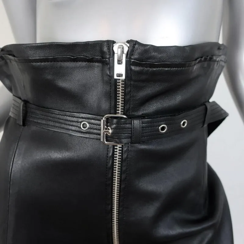 IRO Hexim Leather Mini Skirt Black Size 38 High Waisted Belted Zip-Front
