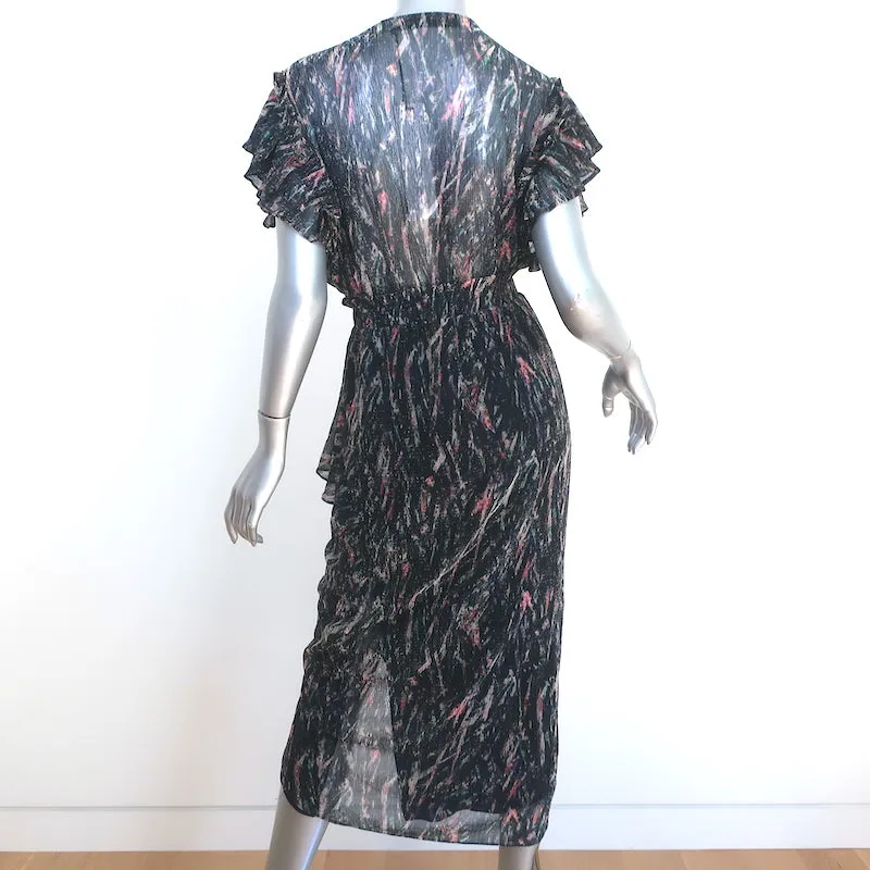 IRO Ruffled Midi Dress Gargas Black Lurex Printed Size 32 Flutter Sleeve NEW
