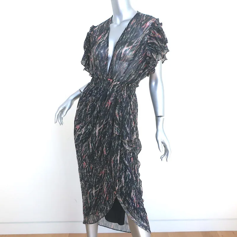 IRO Ruffled Midi Dress Gargas Black Lurex Printed Size 32 Flutter Sleeve NEW
