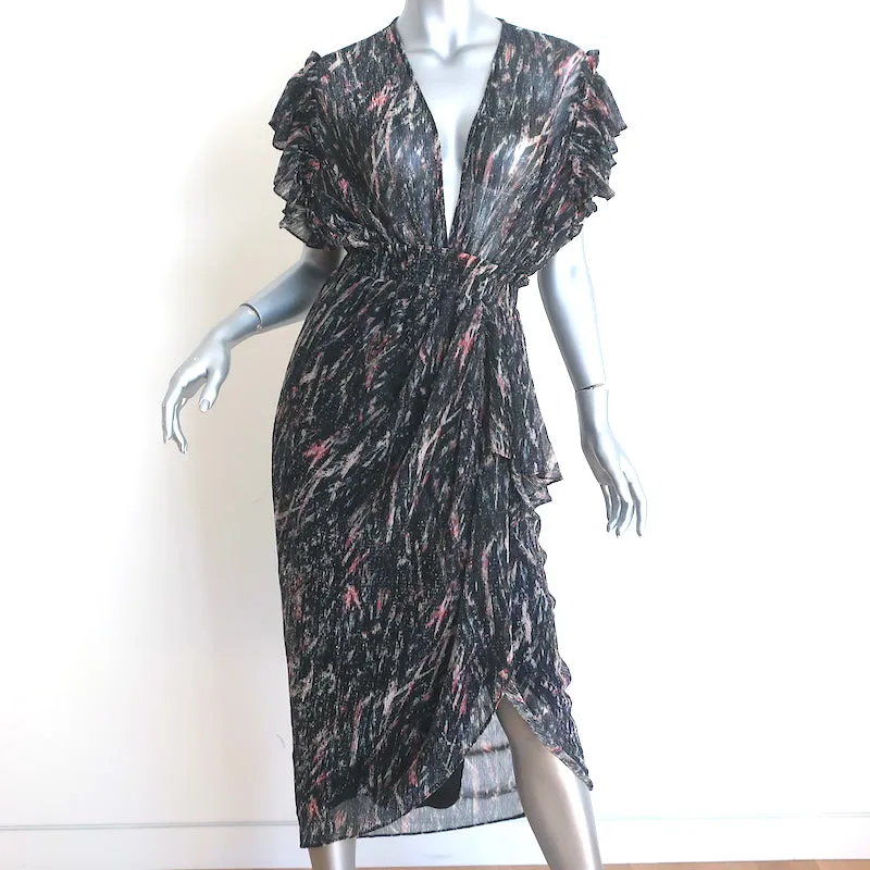 IRO Ruffled Midi Dress Gargas Black Lurex Printed Size 32 Flutter Sleeve NEW