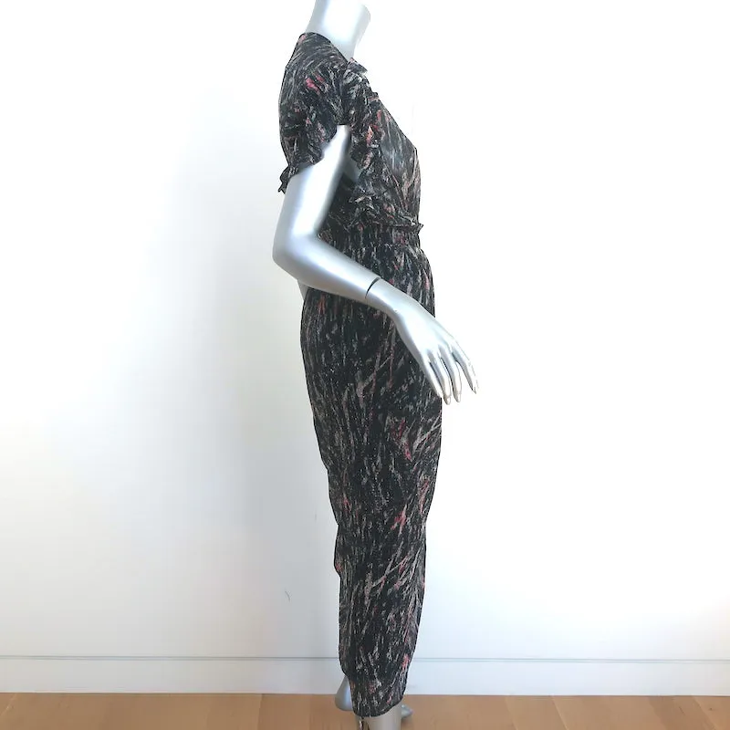 IRO Ruffled Midi Dress Gargas Black Lurex Printed Size 32 Flutter Sleeve NEW