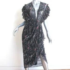 IRO Ruffled Midi Dress Gargas Black Lurex Printed Size 32 Flutter Sleeve NEW