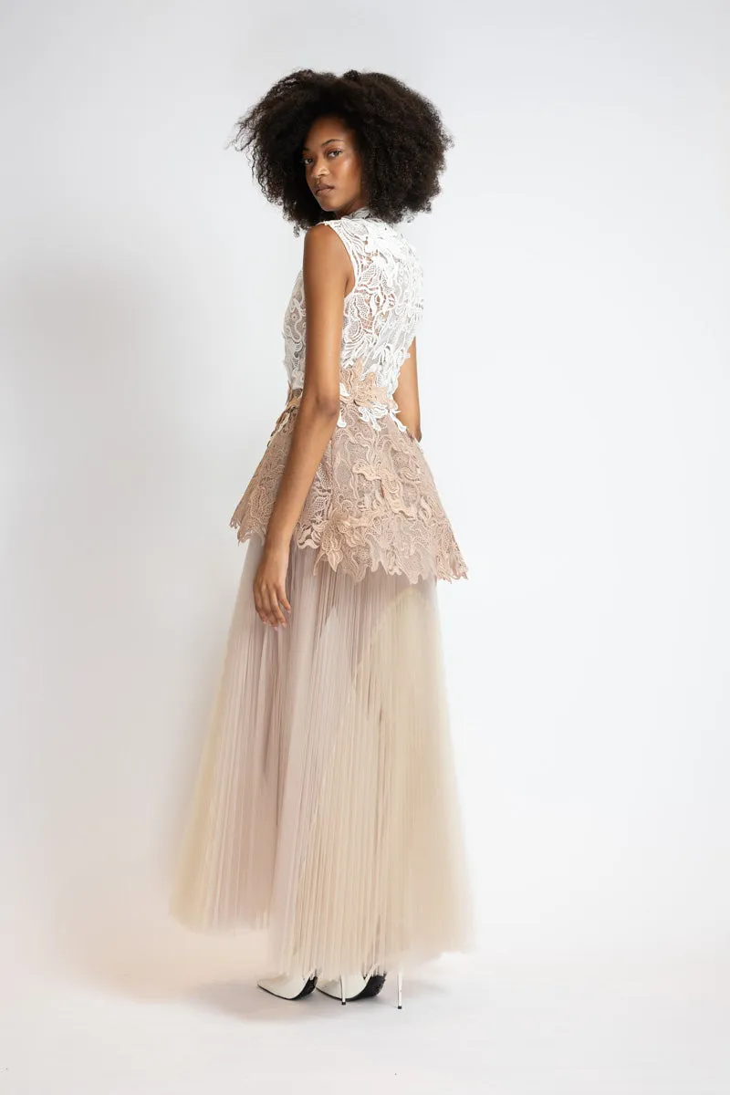 Ivory and Almond Nomad Lace Gown with Almond Pleated Tulle Skirt