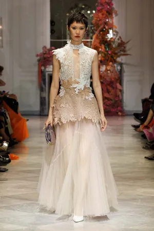 Ivory and Almond Nomad Lace Gown with Almond Pleated Tulle Skirt