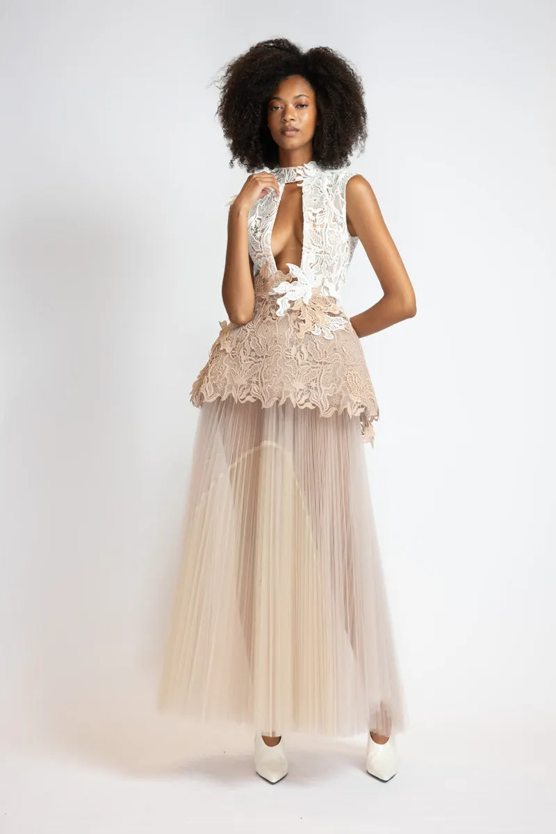 Ivory and Almond Nomad Lace Gown with Almond Pleated Tulle Skirt