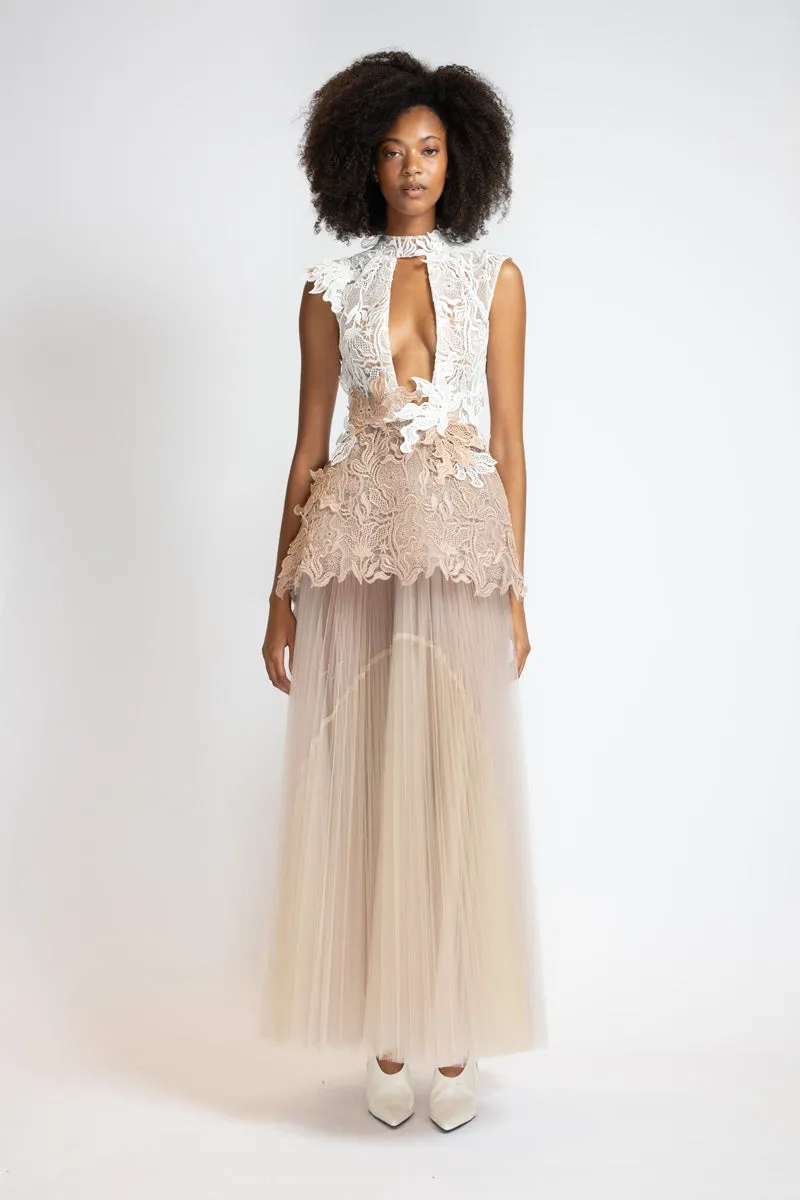 Ivory and Almond Nomad Lace Gown with Almond Pleated Tulle Skirt