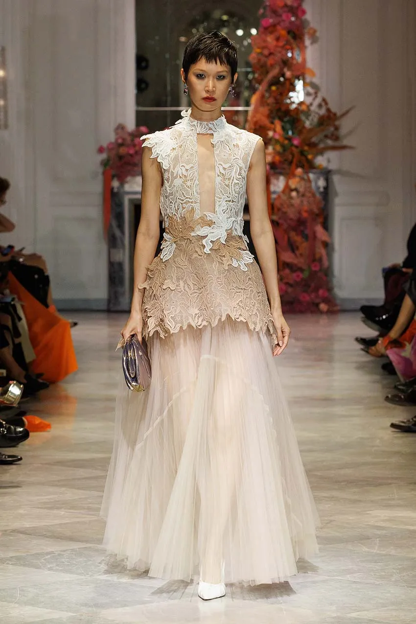Ivory and Almond Nomad Lace Gown with Almond Pleated Tulle Skirt