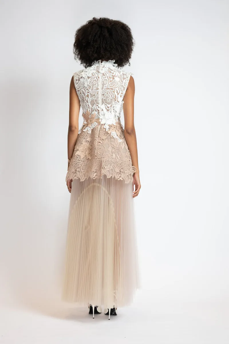 Ivory and Almond Nomad Lace Gown with Almond Pleated Tulle Skirt