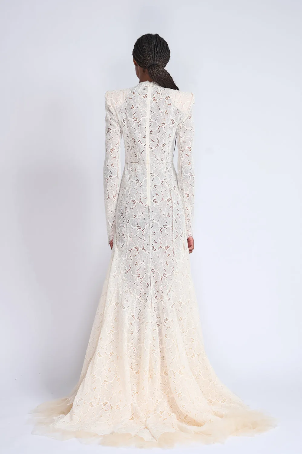 Ivory Lace and Tulle Gown with Sharp Shoulders