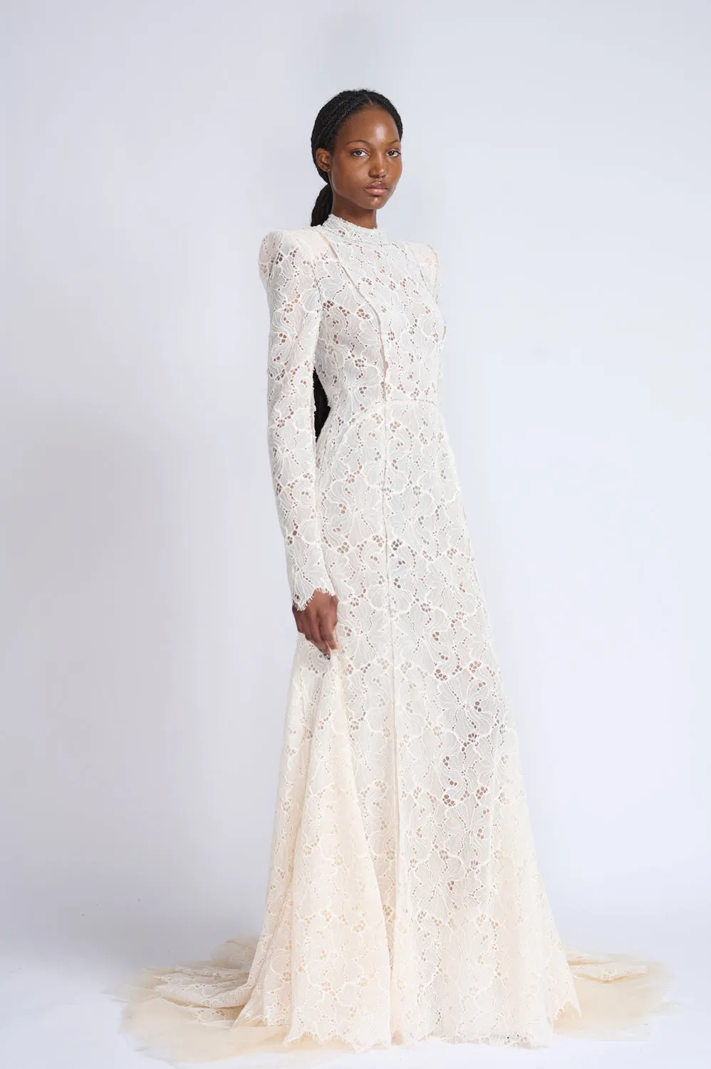 Ivory Lace and Tulle Gown with Sharp Shoulders