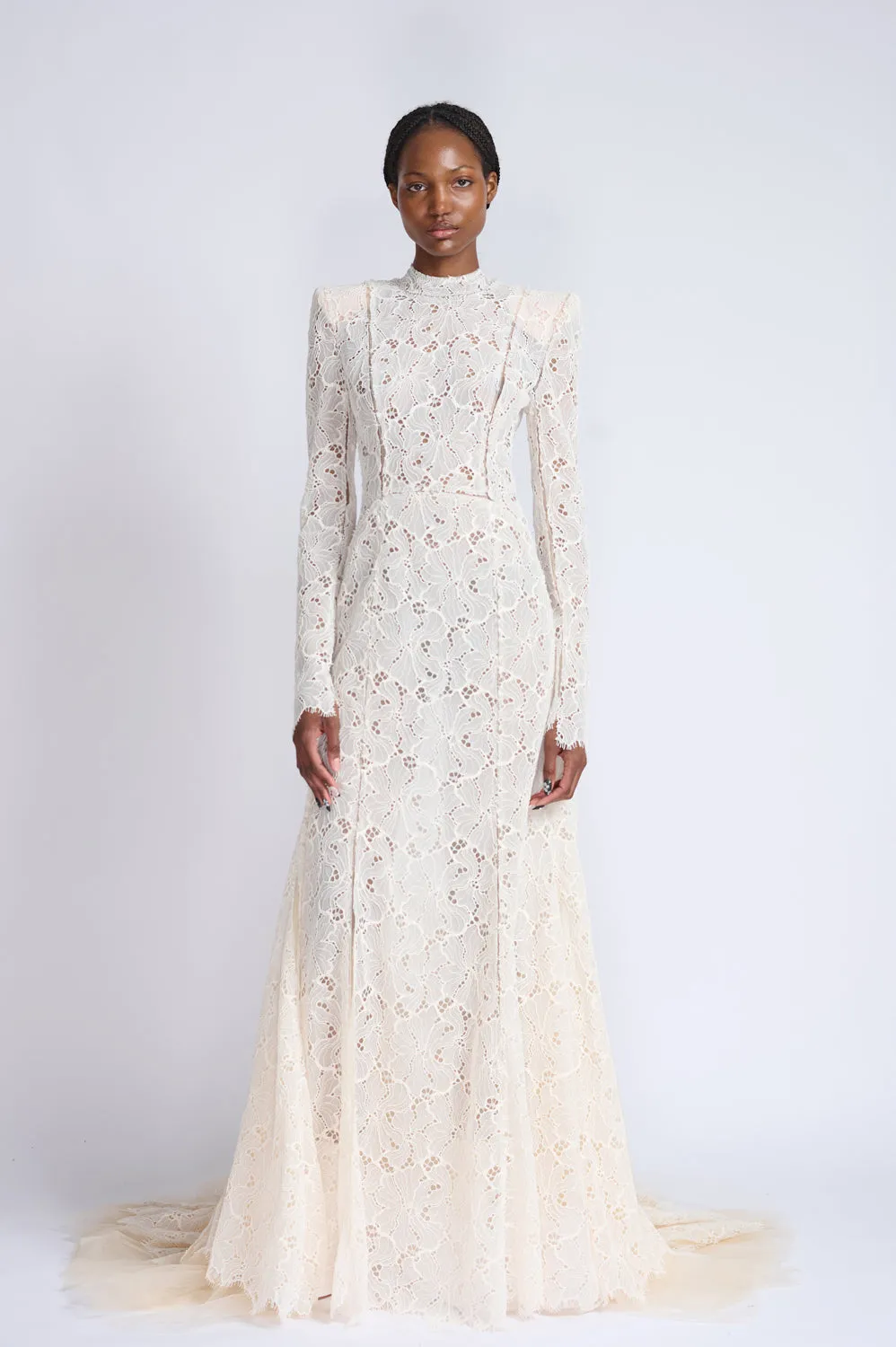 Ivory Lace and Tulle Gown with Sharp Shoulders