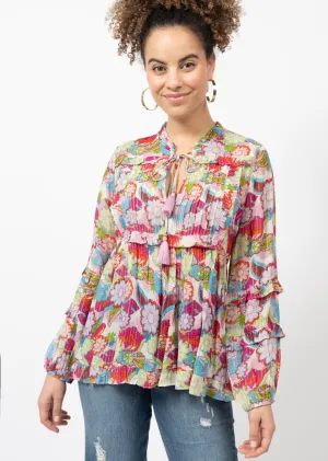 Ivy Jane Metallic Floral Tiered Dress w 3 Qtr Slvs wTie Neck Detail