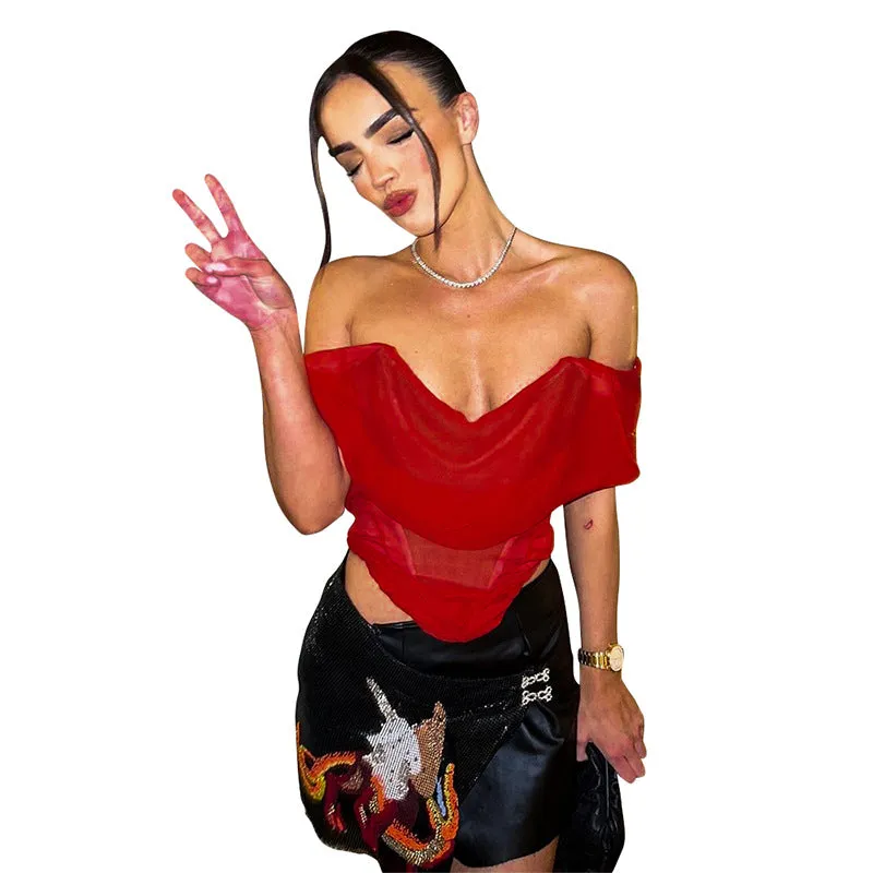 J23TP089European and American Women's Clothing Summer New Solid Color Casual Backless Gauzy Raglan Sleeve Slim off-Shoulder Top