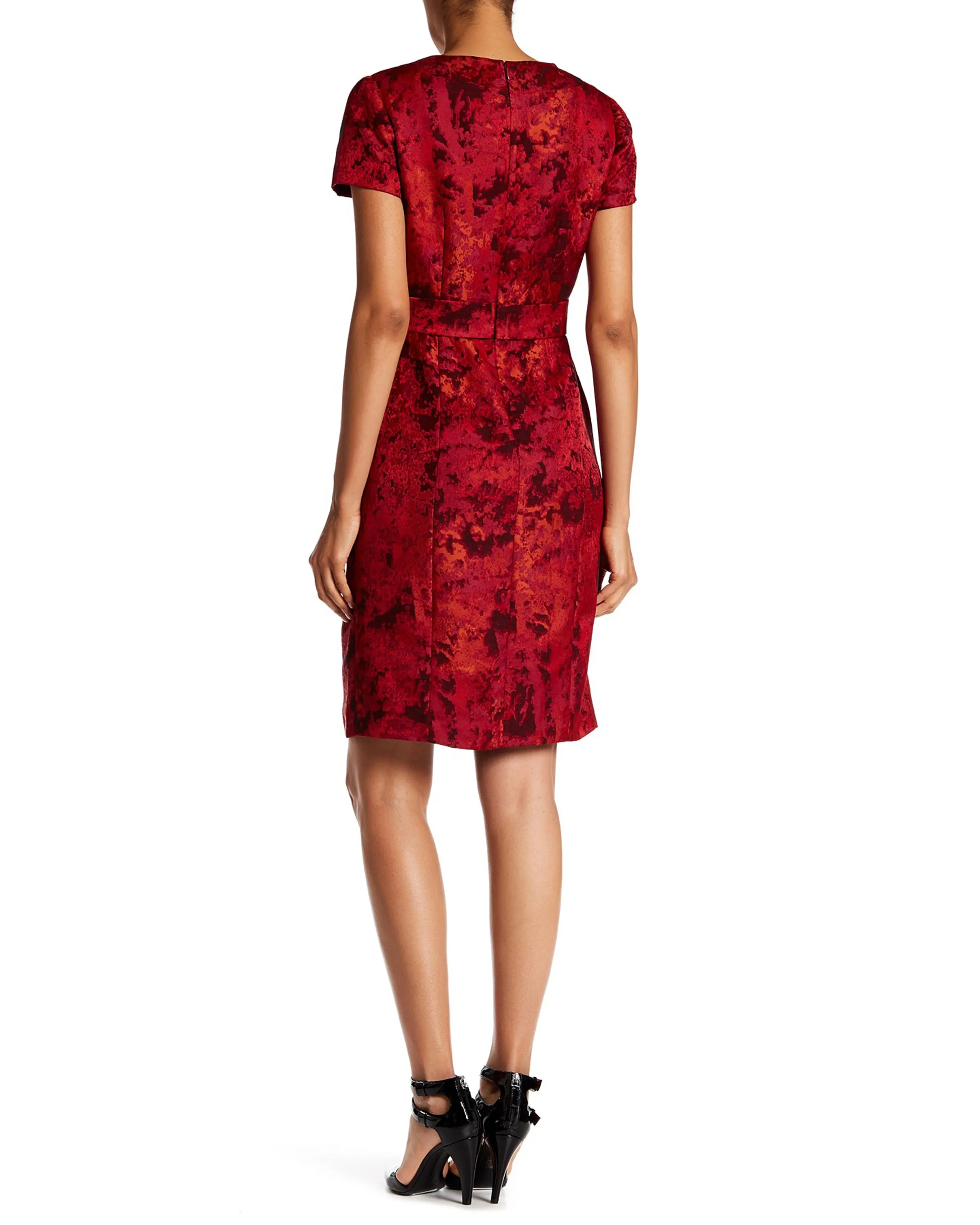 Jacquard Bow Sheath Dress in Red