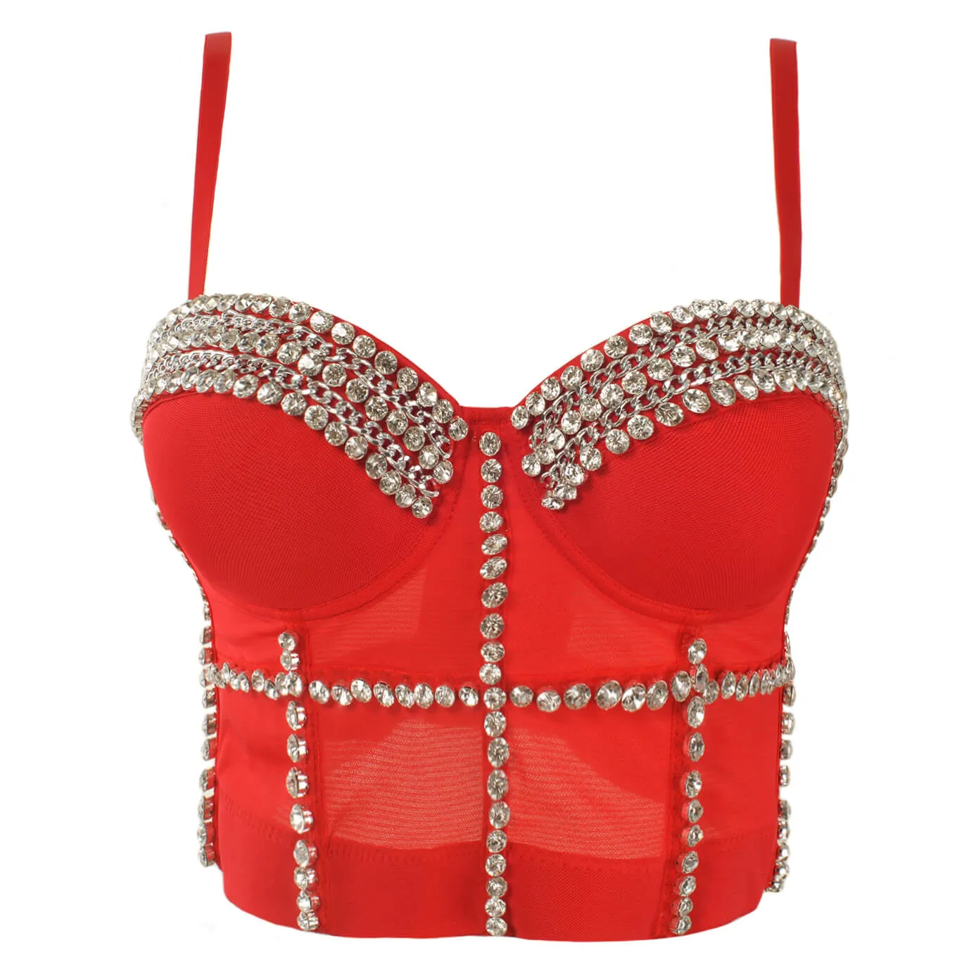 Jewel Diamond Chain Push Up Mesh Bustier Cropped Top