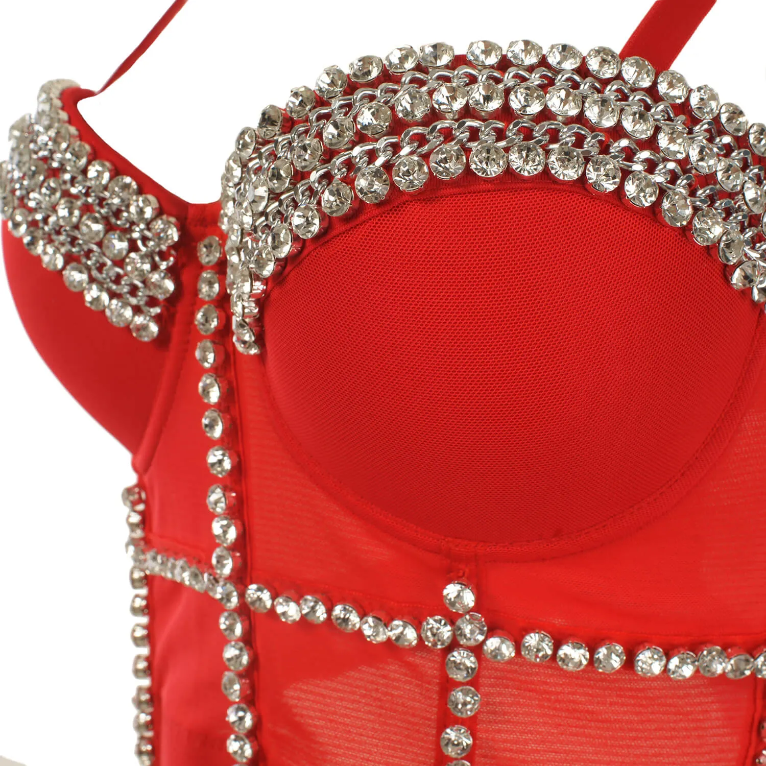 Jewel Diamond Chain Push Up Mesh Bustier Cropped Top