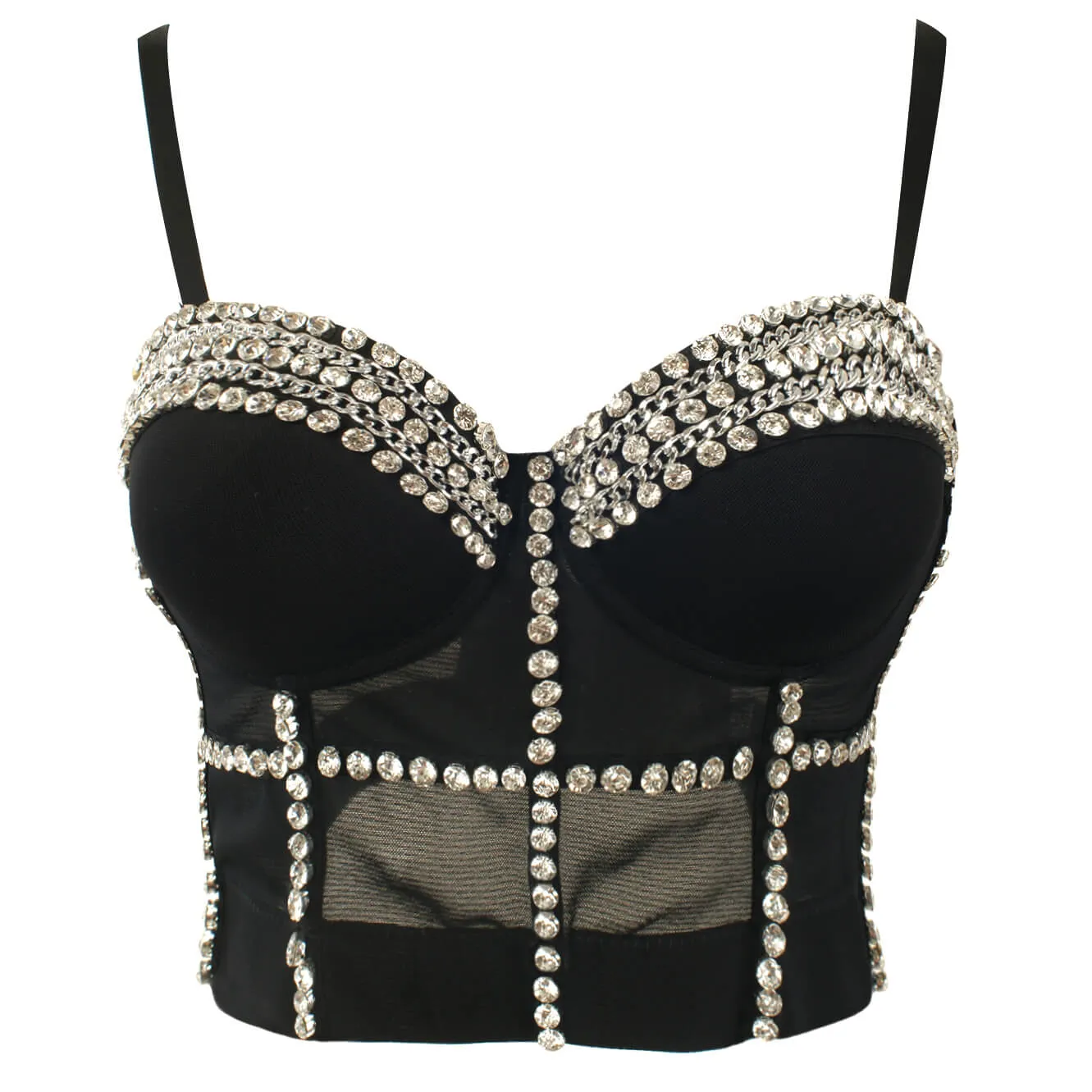 Jewel Diamond Chain Push Up Mesh Bustier Cropped Top