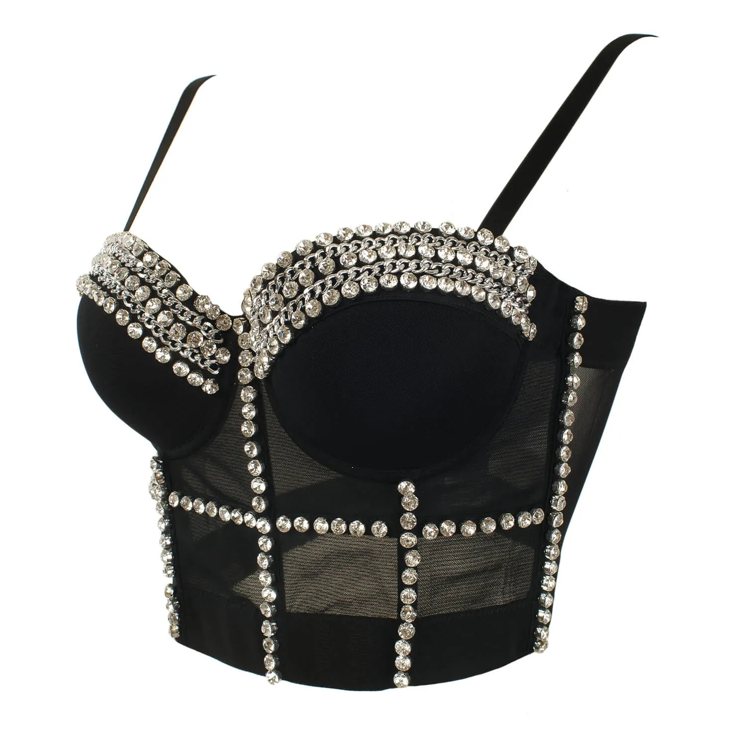 Jewel Diamond Chain Push Up Mesh Bustier Cropped Top