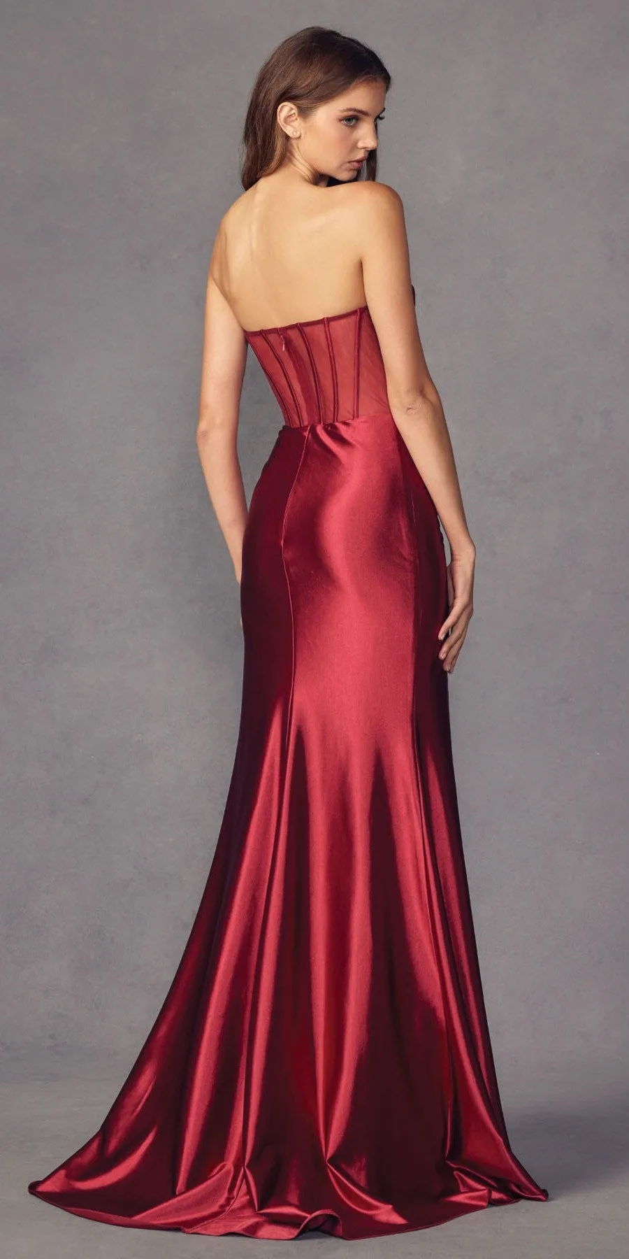 Juliet 2416 Floor Length Strapless Sheer Boned Bodice Slit Satin Dress