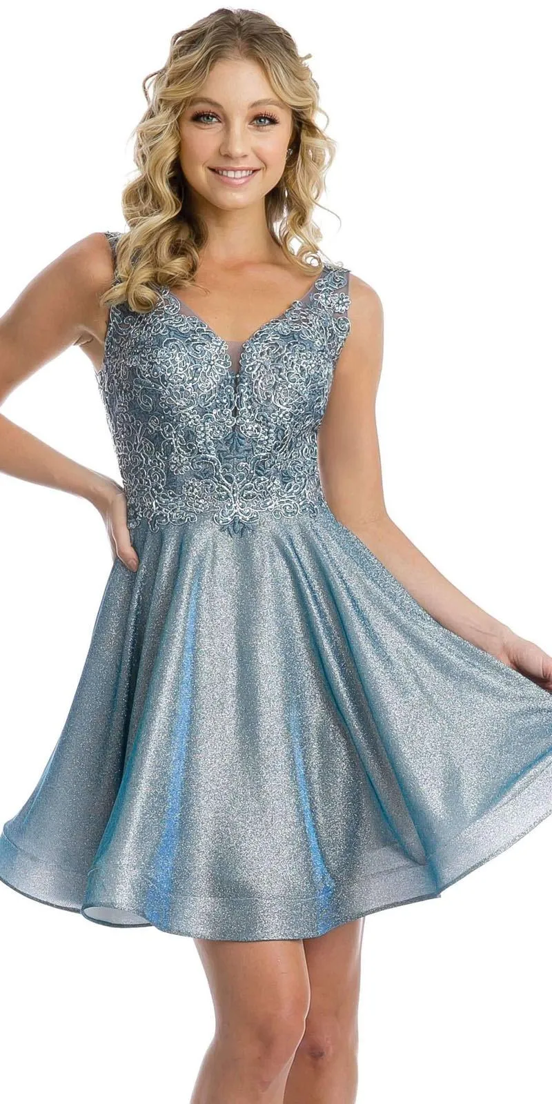 Juliet 846 Metallic Appliqued Short Dress Sleeveless