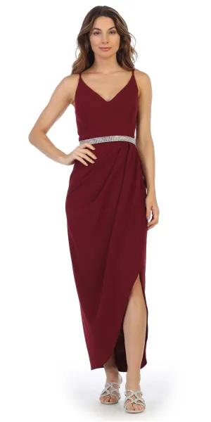 Juno 1034 Spaghetti Strap Belted Faux-Wrap Style Long Dress