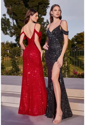 Ladivine-BD4004 Sequence Prom Dress with slit drape shoulder