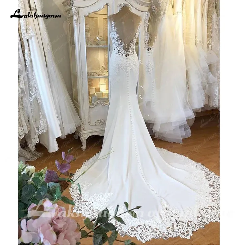 Lakshmigown Satin Mermaid Wedding Dress 2023 Plunging Backless Sexy Bridal Dress Trouwjurken Vintage Lace Receipt Wedding Gown