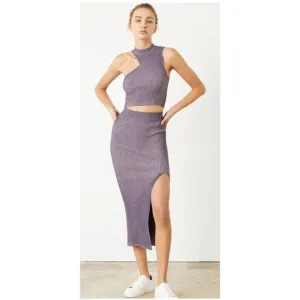 Le Ore Rimini Skirt Size S Purple Rib Knit Slit High Waist $189 retail
