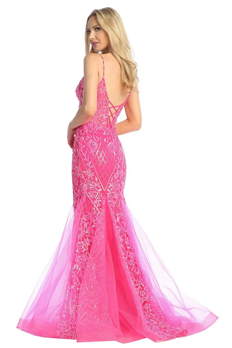 LF 7890 - Sequin Patterned Fit & Flare Prom Gown with Sheer Boned Bodice & Open Lace Up Corset Back