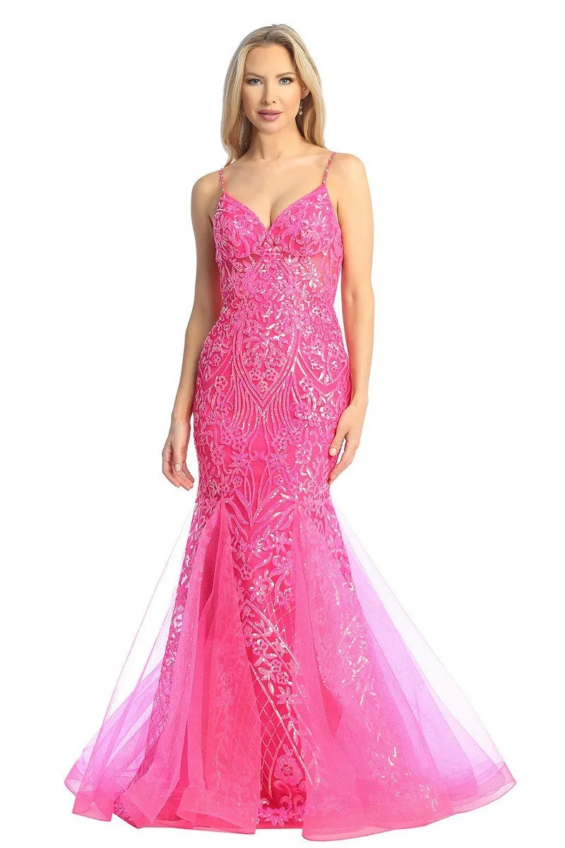 LF 7890 - Sequin Patterned Fit & Flare Prom Gown with Sheer Boned Bodice & Open Lace Up Corset Back