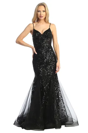 LF 7890 - Sequin Patterned Fit & Flare Prom Gown with Sheer Boned Bodice & Open Lace Up Corset Back