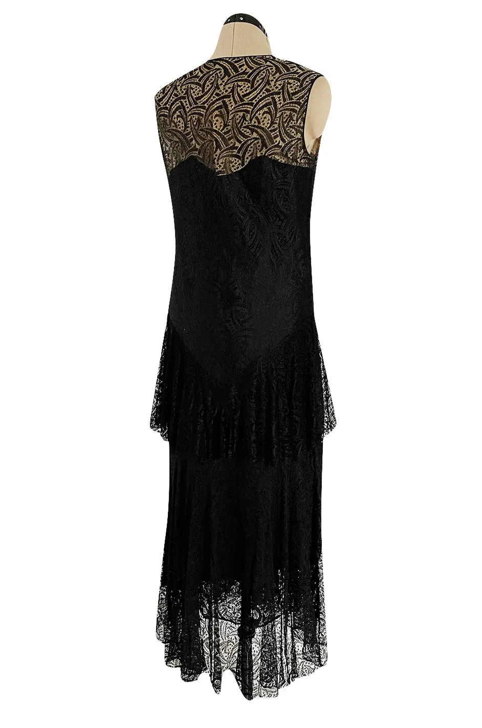 Light as Air Late 1920s Unlabeled Fine Black Lace Dress w Matching Jacket & Rhinestone BuckleBelt