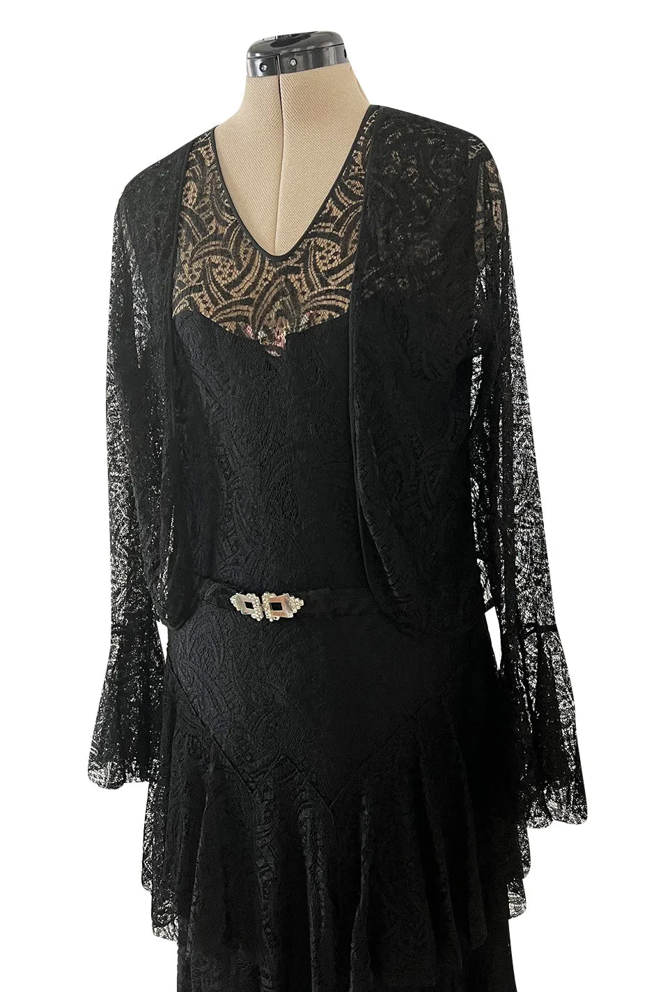 Light as Air Late 1920s Unlabeled Fine Black Lace Dress w Matching Jacket & Rhinestone BuckleBelt