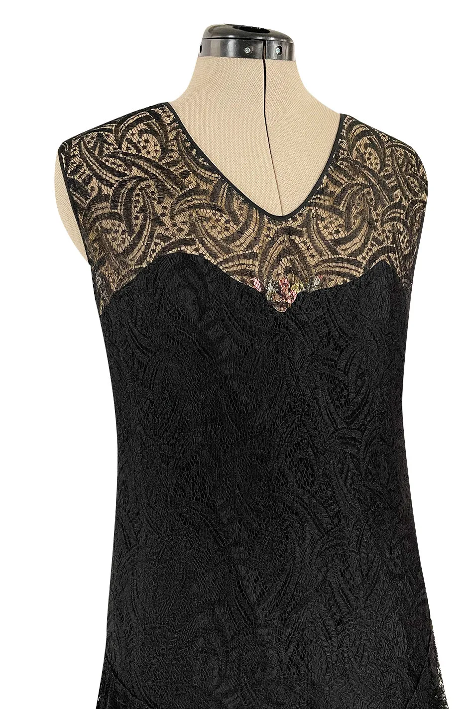Light as Air Late 1920s Unlabeled Fine Black Lace Dress w Matching Jacket & Rhinestone BuckleBelt