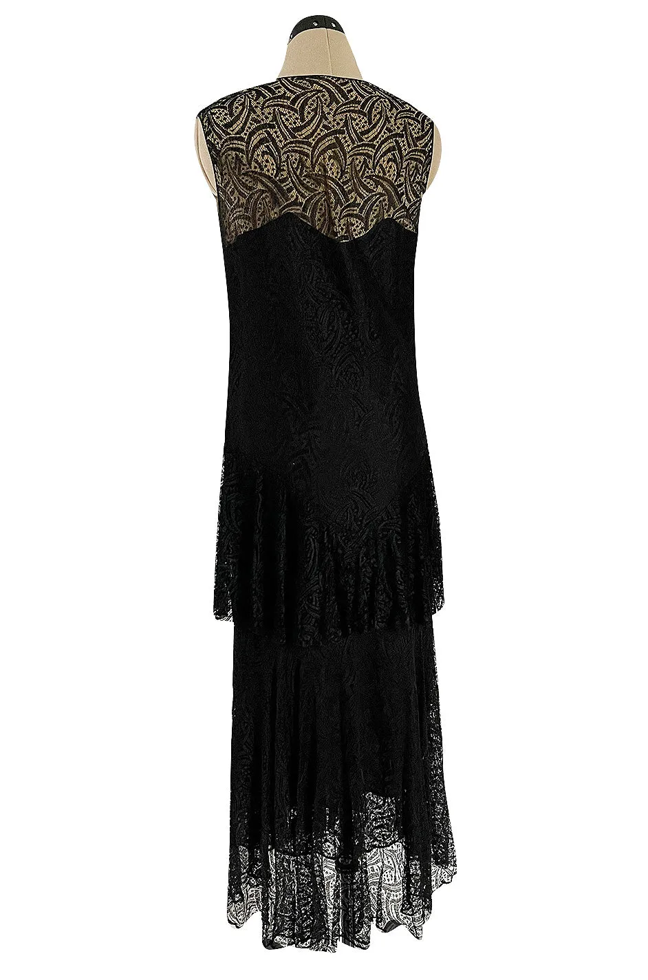 Light as Air Late 1920s Unlabeled Fine Black Lace Dress w Matching Jacket & Rhinestone BuckleBelt