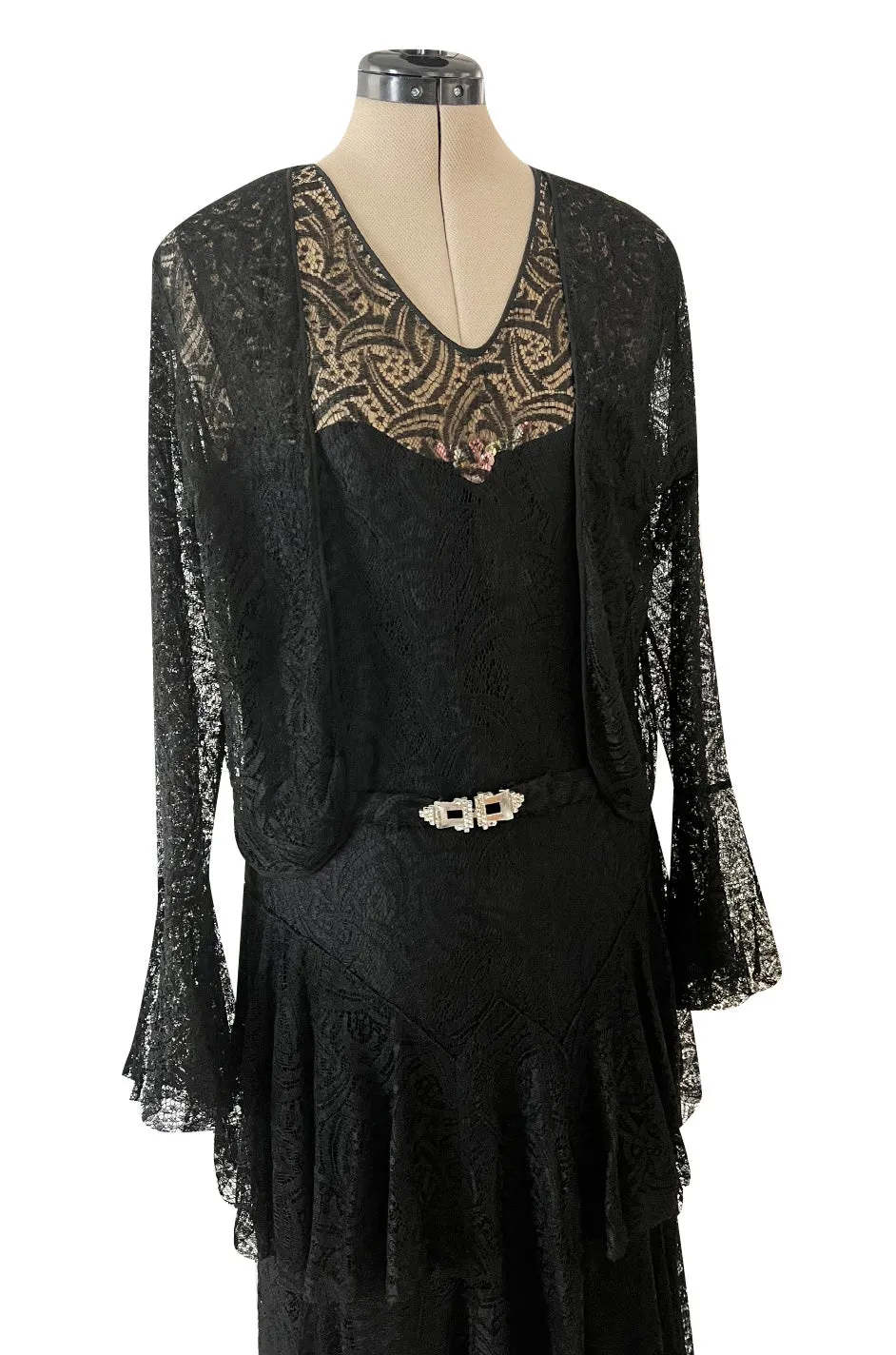 Light as Air Late 1920s Unlabeled Fine Black Lace Dress w Matching Jacket & Rhinestone BuckleBelt