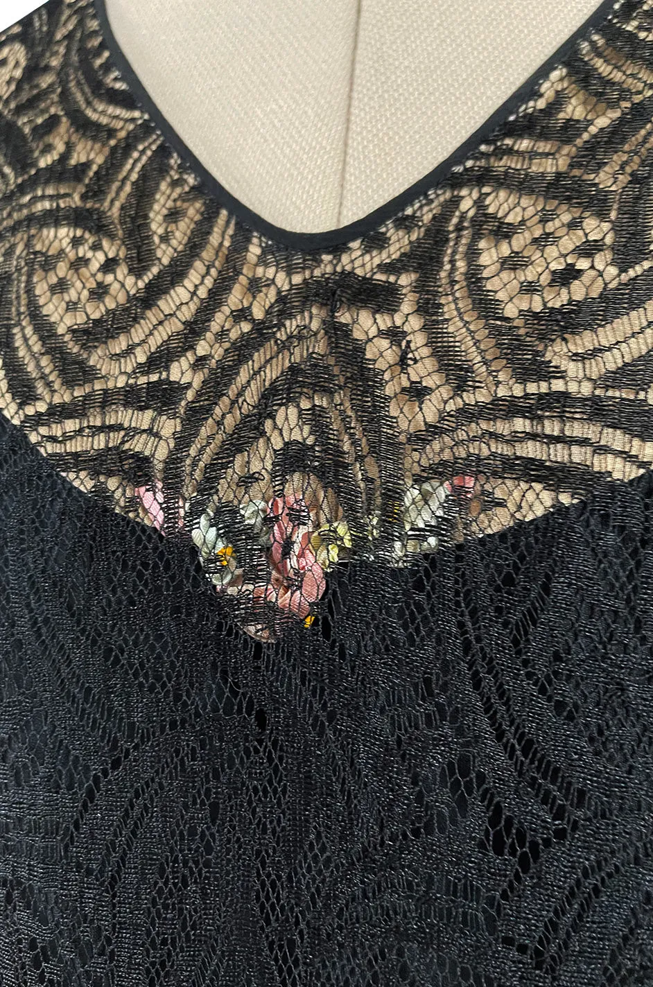 Light as Air Late 1920s Unlabeled Fine Black Lace Dress w Matching Jacket & Rhinestone BuckleBelt
