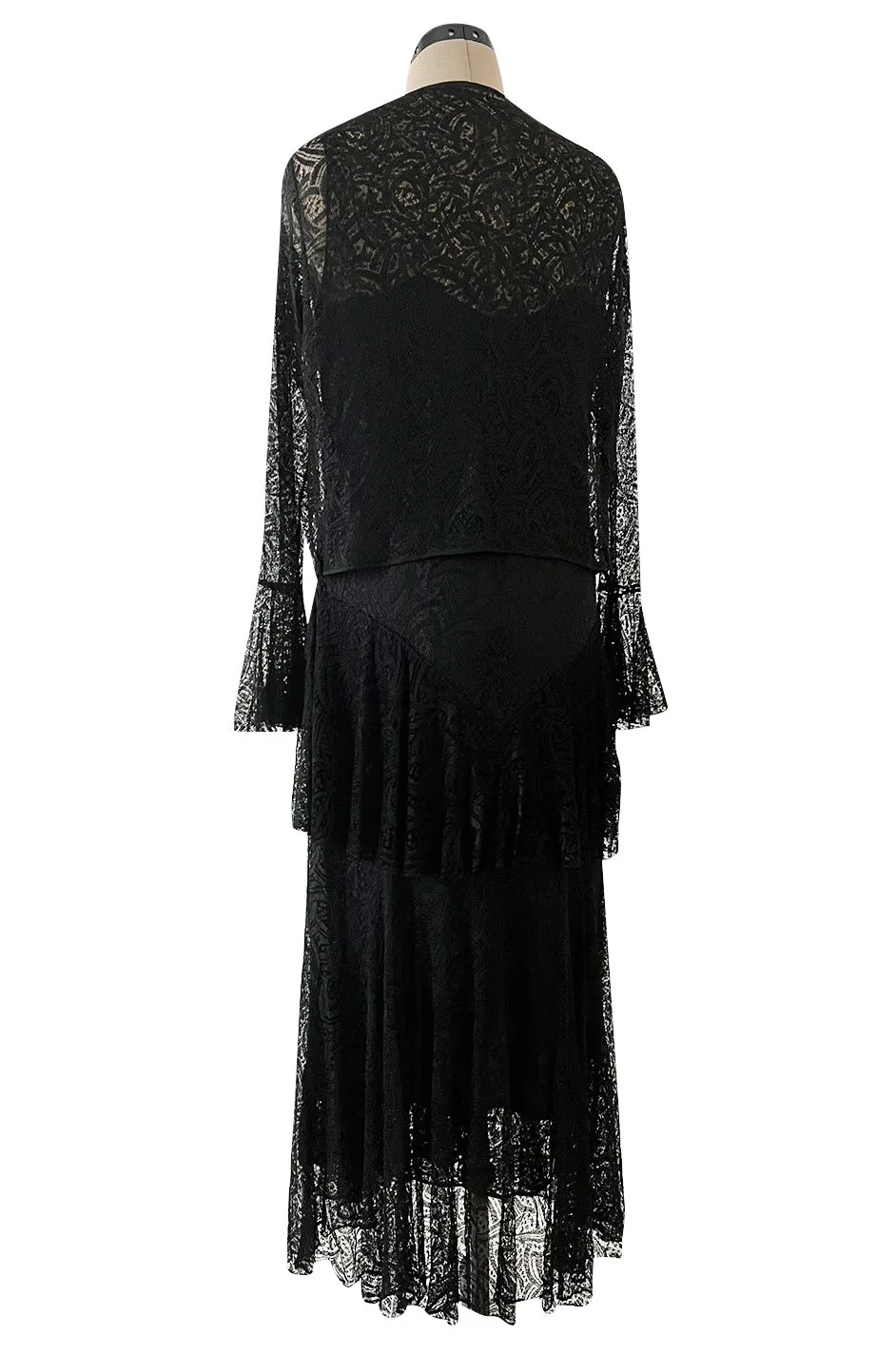Light as Air Late 1920s Unlabeled Fine Black Lace Dress w Matching Jacket & Rhinestone BuckleBelt
