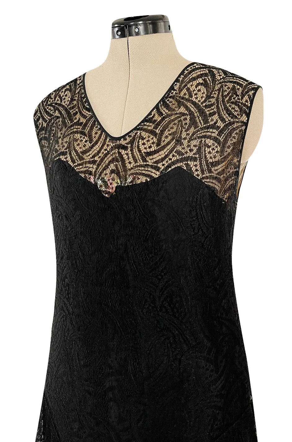 Light as Air Late 1920s Unlabeled Fine Black Lace Dress w Matching Jacket & Rhinestone BuckleBelt