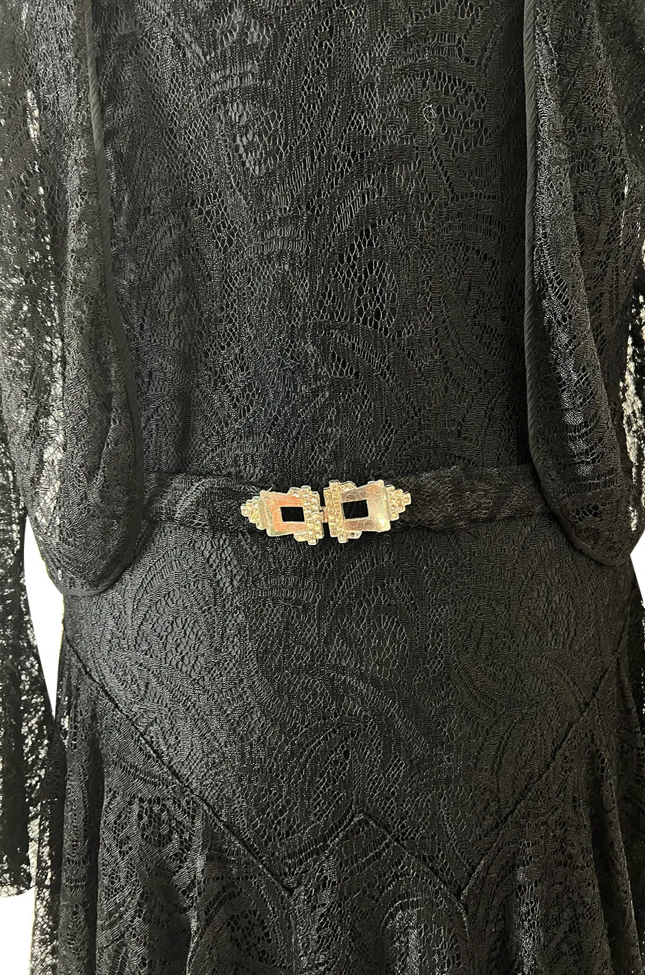 Light as Air Late 1920s Unlabeled Fine Black Lace Dress w Matching Jacket & Rhinestone BuckleBelt