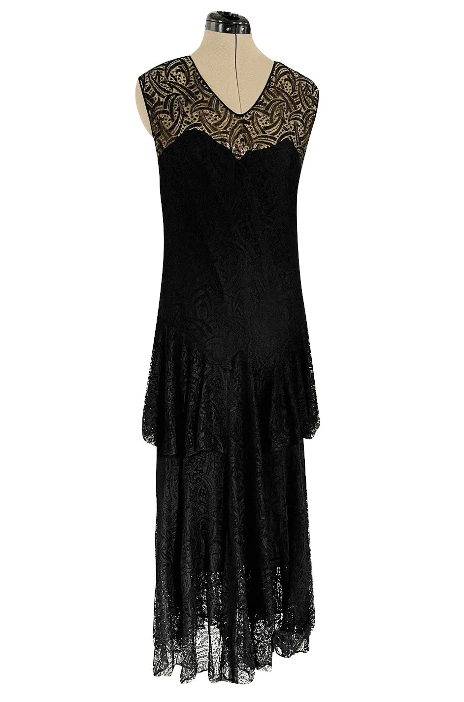 Light as Air Late 1920s Unlabeled Fine Black Lace Dress w Matching Jacket & Rhinestone BuckleBelt