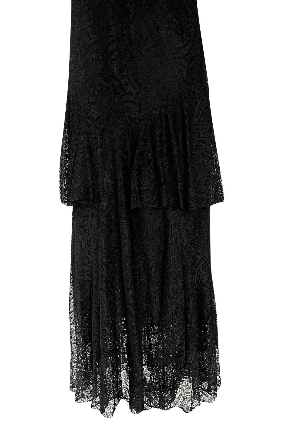 Light as Air Late 1920s Unlabeled Fine Black Lace Dress w Matching Jacket & Rhinestone BuckleBelt